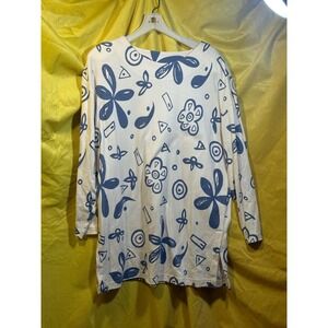 Apart Vintage Women Blue Abstract Floral Cotton Long Sleeve Tunic Top Large